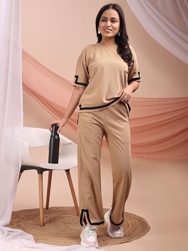 Image of ELLITI Women's Co-ord Set, Down Short Sleeve Top and Wide Leg Trousers with White Trim