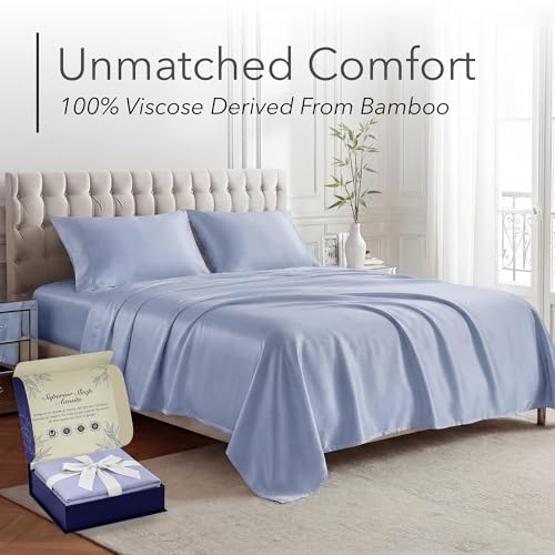 Image of DECOLURE 100% Viscose Derived from Bamboo Sheets California King Size - Luxury 4 Pc Naturally Cooling Sheets, Ultra Soft Bed Set - Deep 17 inch Pockets, Double Stitching, Oeko Tex Standard (Light Blue)