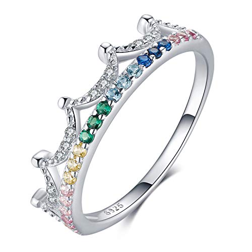 Qings 925 Sterling Silver Crown Ring with Colorful CZ Princess Wedding Ring Queen Band Tiara Eternity Cubic Zirconias Ring Jewellery Gifts for Valentines Birthday Promise Day Women Ladies