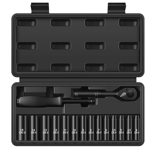 Image of Reniteco 16-Piece 1 /4 inch Drive Socket Set, Metric (4mm-15mm), Deep Sockets, 72-Tooth Ratchet Wrench, Drive Spinner Handle, 6 Point Design, Cr-V