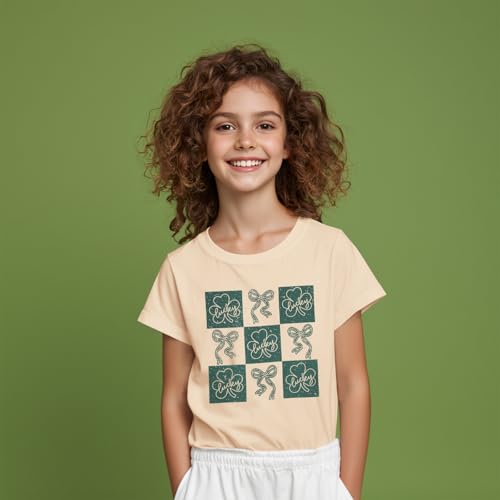 Image of GLIGLITTR Kids St Patricks Day Shirt Girls Bow Shamrock Clover Lucky Graphic T-Shirt Irish Short Sleeve Tee Tops 7-12 Years