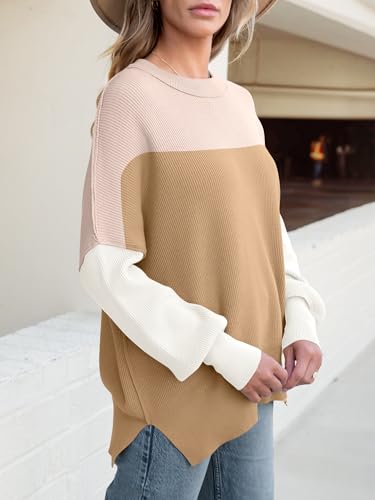 Image of ANRABESS Women Oversized Sweaters Batwing Long Sleeve 2026 Fall Outfits Crewneck Casual Knit Side Slit Fashion Pullover Top