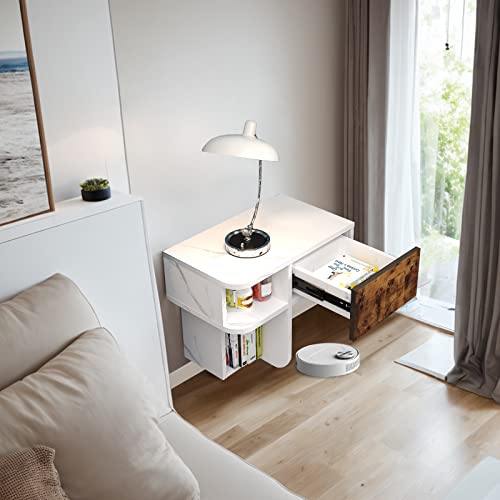 Bixiaomei Floating Nightstand With Drawer And Open Shelf, Wall Mounted Bedside Table With Large Storage, Mid-Century Modern End Table In Solid Wood For Bedroom & Living Room (19.7In/Left/Rustic Brown) #TOP6