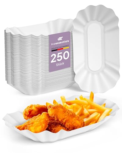 Inoverse 250 Stück Pommesschalen, Pappteller Weiß Einweg 20 x 10 x 3 cm, Umweltfreundlich Pappschalen, Currywust Pommes Papierteller, Einwegteller aus Pappe, Einweggeschirr, Partyteller, KU1