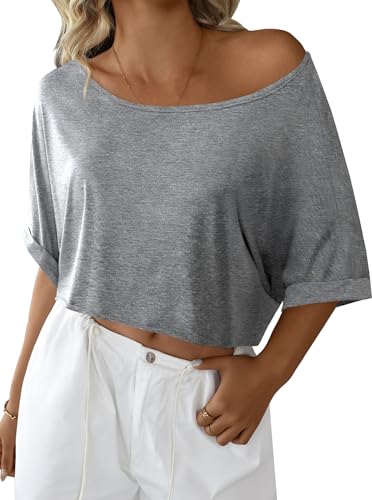 Remidoo Womens Off The Shoulder Short Sleeve Crop Top Asymmetrical Neck Loose Tshirt Grey X-Large
