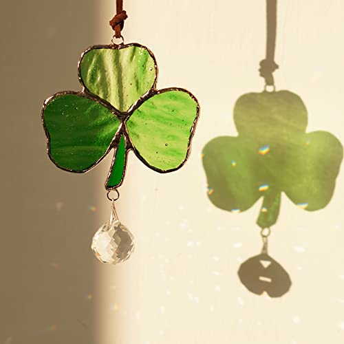 H&D Hyaline & Dora Stained Glass Suncatcher Four Leaf Clover Hanging Window Ornament With Crystal Ball Indoor Window Panel For Home Decor #TOP26