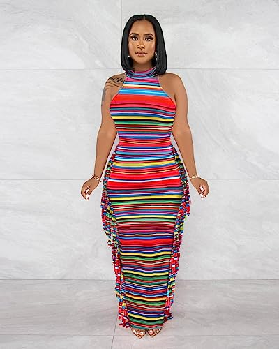 Image of YUEWOO 2 Piece Outfits for Women Sexy Crop Top Ruched Bodycon Maxi Dresses Fringe Skirt Sets Night Club Jumpsuits