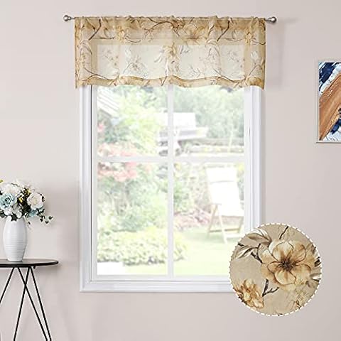 Tollpiz Sheer Valance Beige Flower Leaf Printed Floral Embroidered Bedroom Valance Curtains Sheer Rod Pocket Voile Window Curtain Valances for Living Room, 54 x 16 inches Long, Set of 1 Panel Cover
