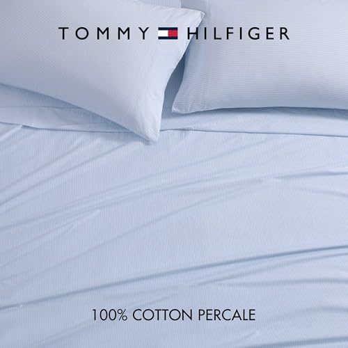 Image of Tommy Hilfiger - Queen Size Sheets Set, Crisp & Tailored Cooling Sheets with a Weaved Cotton Percale Lightweight Feel - Bed Sheets with Matching Pillowcases & Fitted Sheet (Ithaca Stripe Blue)