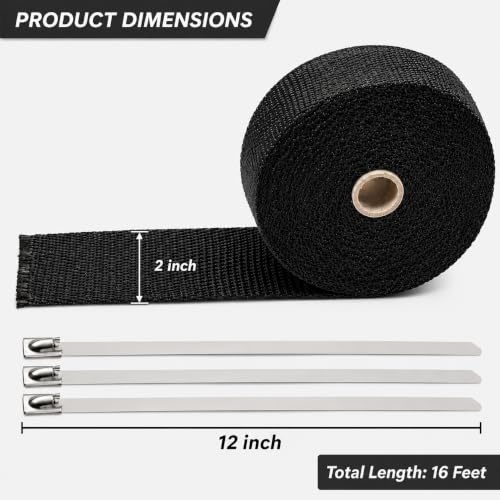 Image of 2 inch x 16 Ft Black Exhaust Heat Wrap Kit for Motorcycle Car - Fiberglass Header Wrap Heat Shield Tape with 6 Stainless Steel Ties & 2 Adjustable Clamps - Reduces Under-Hood Heat (50mm x 5m)