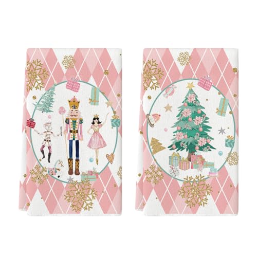 Artoid Mode Pink Nutcrackers Tree Christmas Kitchen Towels Dish Towels, 18x26 Inch Seasonal Winter Xmas Decoration Hand Towels Set of 2