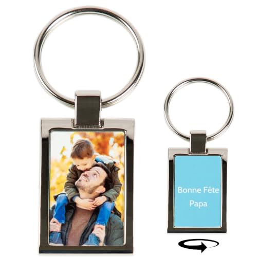 Porte-Clef métal argenté Rectangle avec Photo imprimée Recto et Verso – Porte clé Rectangle personnalisé Photo – Cadeau fête pères, Papa, noël, Anniversaire...