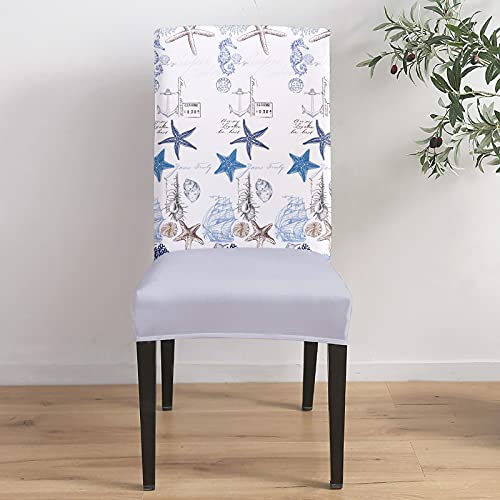 Dining Room Chair Covers Set Of 6,Ocean Coastal Blue Seashell Starfish Coral Sea Horse Vintage Marine Washable Dining Room Stretch Chair Slipcovers Protector Cover For Home,Hotel,Ceremony,Banquet #TOP3