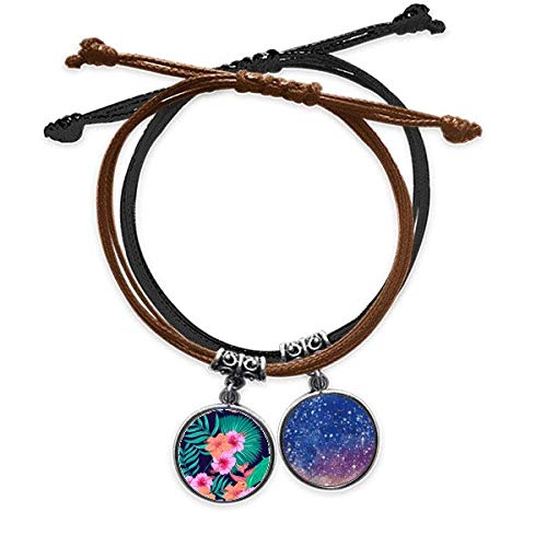Chaîne bracelet cuir et corde tressée à motif fleur bleu ciel et étoile