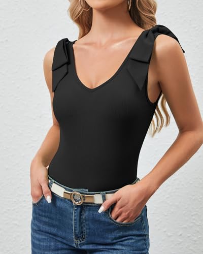 FireSwan Womens Summer Cute Tank Tops V Neck Bow Tie Shoulder Shirts Sleeveless Trendy Ribbed Knit Camisole2