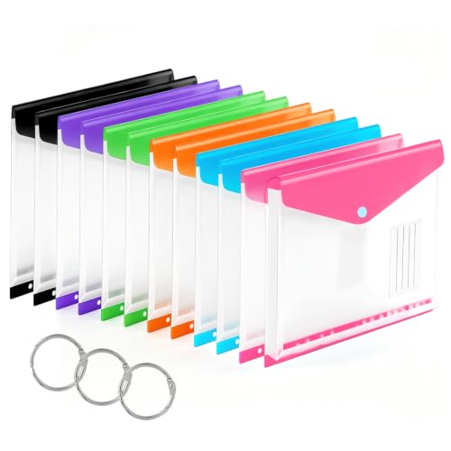 12 Pack Plastic Envelopes Binder Pocket 11 Holes Expandable Binder Folders for 2/3/4 Ring Document Pouch with Snap Button & Label Loose-Leaf Transparent for School Home Office (Side-Opening)