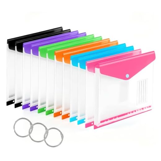 12 Pack Plastic Envelopes Binder Pocket 11 Holes Expandable Binder Folders for 2/3/4 Ring Document Pouch with Snap Button & Label Loose-Leaf Transparent for School Home Office (Side-Opening)