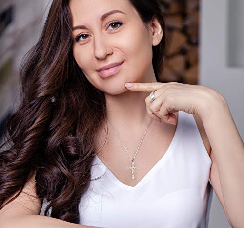 US Jewels Solid 925 Sterling Silver & 14k Gold Crucifix Cross Pendant Necklace, 32mm2