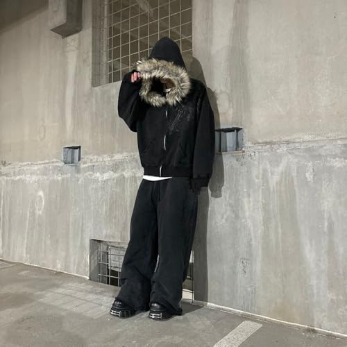 Men Y2k Zip Up Hoodie Fur Hooded Gothic Cross Graphic Jacket Emo Grunge Streetwear Vintage 2000s Outerwear3