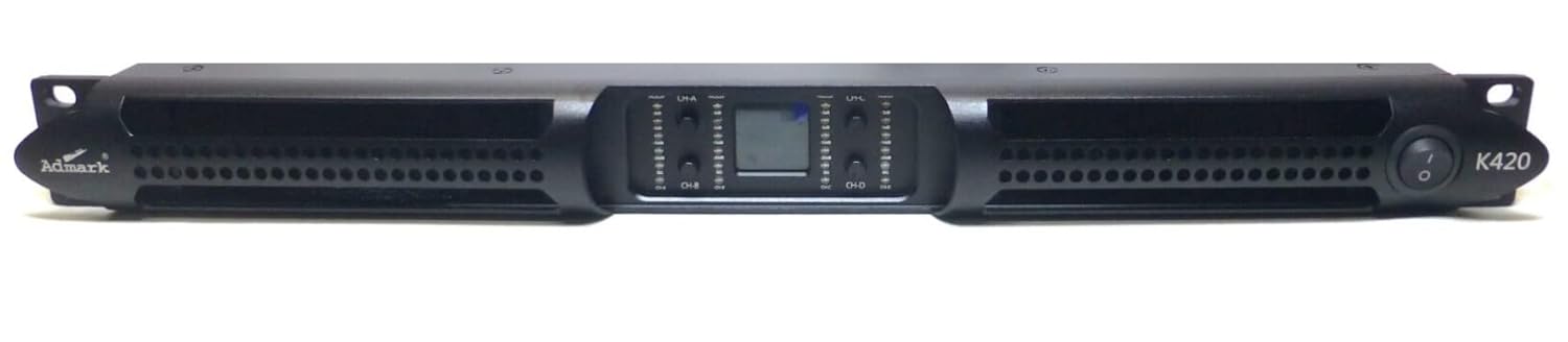 Front panel of Admark K420 amplifier showing power button, level controls, and LED indicators