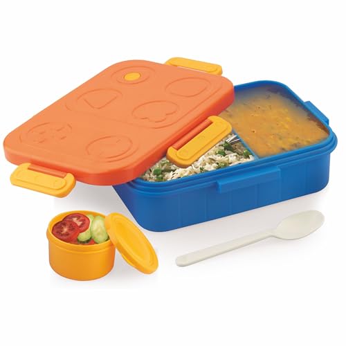 Image of ATTRO TicTac Plastic Lunch Box - 3 Compartment Bento Tiffin, Leak-Proof & Durable, Ideal for Kids, School, Picnic- 1200ml+80ml, Orange Blue