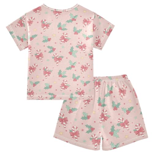 Pajama Short Sets Candy Canes with Holly Leaves Soft Cotton Summer Sleepwear 2 Piece PJS Size 5-14T2