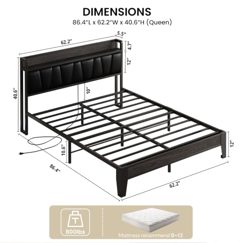Image of LIKIMIO Queen Bed Frames, PU Leather Storage Headboard with Charging Station, Solid and Stable, Noise Free, No Box Spring Needed, Easy Assembly, Black