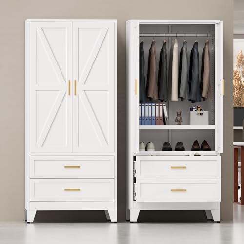 Image of Metal Wardrobe Closet, Armoire Wardrobe with Two Drawers Clothes Cabinet for Bedroom, 71 inch Tall Farmhouse Steel Armoire Closet with Drawers and 2 Doors Clothing Storage Cabinet with Hanging Rod