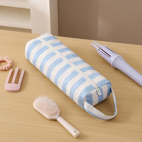 Image of RSRSLEII Striped Hair Tools Travel Bag,Hair Styling Accessories Storage Case for Shark FlexStyle,Dyson Airwrap Hair Dryer,Curling Iron,Straightener,Revlon Hair Tools,Portable&Foldable(17Blue&White)