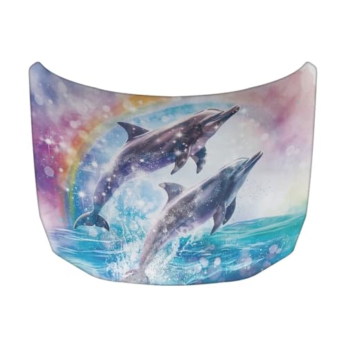 Image of Dolphin Rainbow Print Car Hood Cover Weather-Resistant Automotive Hood Covers Elastic Fabrics Car Bonnet Banner Outdoor Indoor Foldable Protective Cover