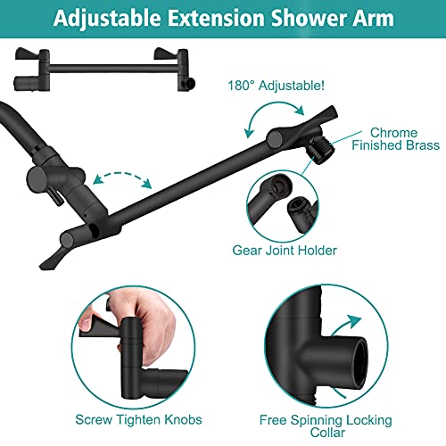 Shower Head 10‘’ High Pressure Rainfall Shower Head/Handheld Shower Combo with 11'' Extension Arm, 9 Settings Anti-leak Head with Holder, Height/Angle Adjustable, Chrome, Matte Black