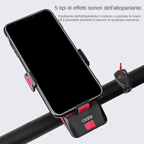 Bicicleta LED recargable USB con soporte para smartphone y timbre impermeable 4