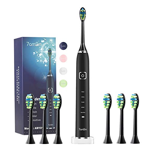 7am2m Sonic Electric Toothbrush with 6 Brush Heads for Adults and Kids, Wireless Fast Charge, One Charge for 60 Days,5 Modes with 2 Minutes Build in Smart Timer, Electric Toothbrushes(Black)
