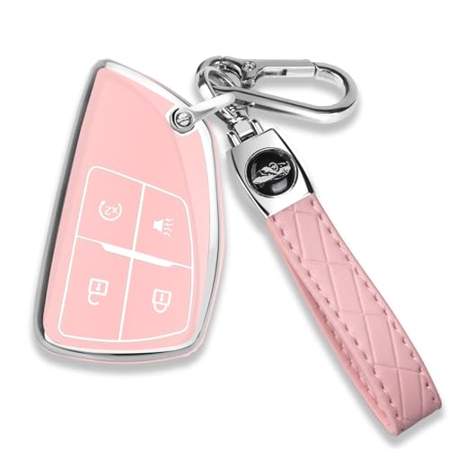QBUC for Chevy Key Fob Cover with Keychain Soft TPU Protection Case Compatible with 2021-2026 Chevy Colorado Equinox Silverado GMC Canyon Sierra Terrain 4-Buttons(Chrome Trim Pink)
