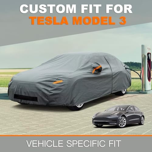 Image of Kayme Heavy Duty Car Cover Waterproof All Weather, Custom Fit for Tesla Model 3, Outdoor Full Exterior Cover with Charging Port and Breathable Ventilation Mesh, Sun and Rain Protection.