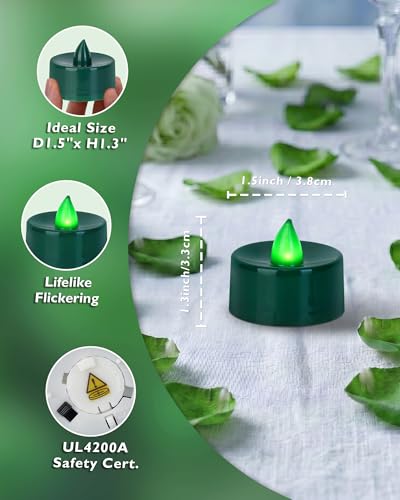 Image of Homemory Green Tea Lights Candles Battery Operated, Flickering Flameless LED Votive Candles, Warm White Tealights for Christmas, St Patricks Day, Easter, Garden Wedding, Spring Decor, 24-Pack