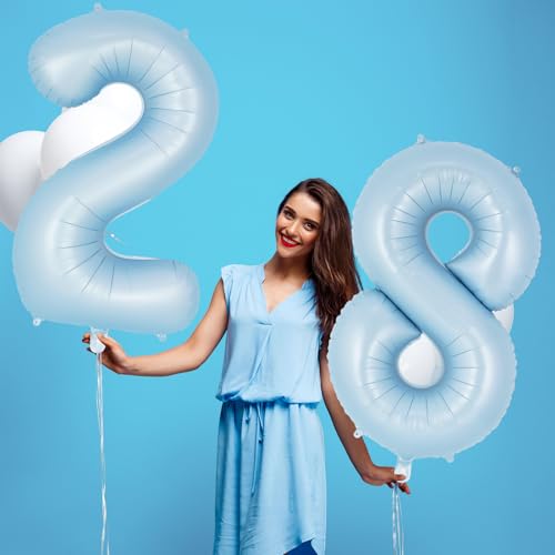 Image of Light Blue Number 8 Balloon, 40 Inch Big Large Foil Number Balloons, Giant Mylar Number 8 Balloons for 8 Year old Birthday Baby Party Decorations Supplies Anniversary