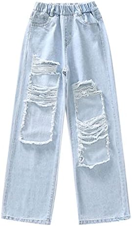 YUUMIN Kids Girls Ripped Jeans Low Rise Cutout Baggy Straight Wide Leg Jeans Child Fashion Denim Streetwear Pants