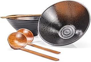 Pottery Ramen Bowls Set of 2 - Ideal for Noodle Salad Pasta Dinnerware Ceramic Japanese Bowl 2×1000 ml 34 Ounces Capacity with Chopsticks and Spoon Men and Women Gifts Ideas Porcelain - Jade Yellow