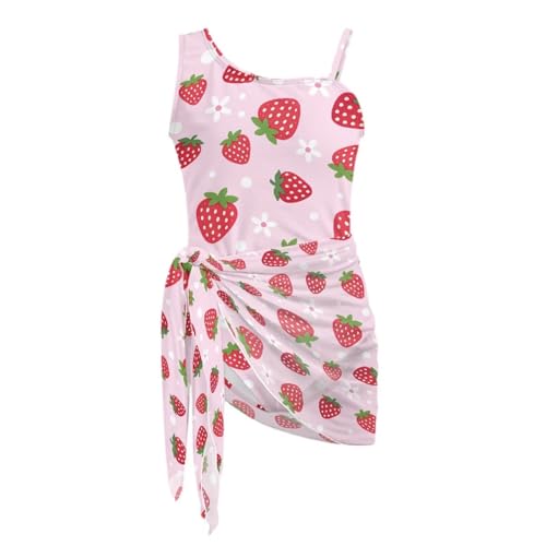 Cndexd Girls 2 Pieces Strawberry Bathing Suits Set with Mesh Cover Up One Shoulder Adjustable Straps Fashion Cutout Bathing Suit Summer Beach Vacation Swimwear