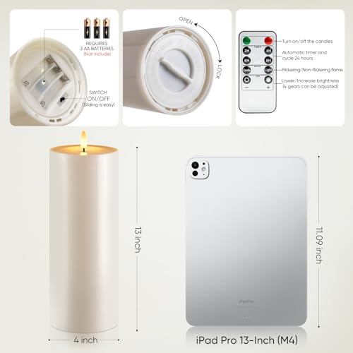 Image of Raycare 4'' X 12'' Large Waterproof Outdoor Flameless Candle, Battery Operated LED Candles with Remote Control and Timer, Electric Fake Plastic Pillar Candles, Ivory