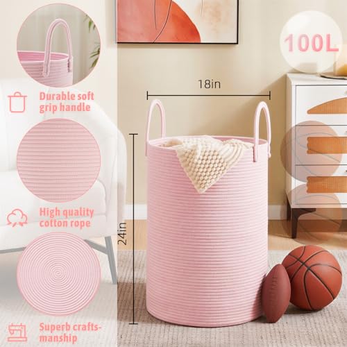 Image of Artfeel Laundry Basket,Woven Cotton Rope Laundry Hamper,100L for Decorative Storage of Dirty Clothes,Toys and Blankets in Bathroom,Baby Room and Living Room