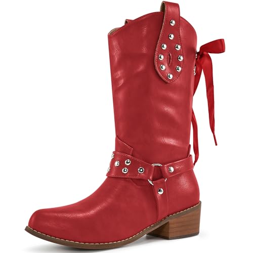 Image of Aomigoct Western Cowboy Boots for Women: Leather Mid Calf Fashion Chunky Cowgirl Boot Pointed Toe