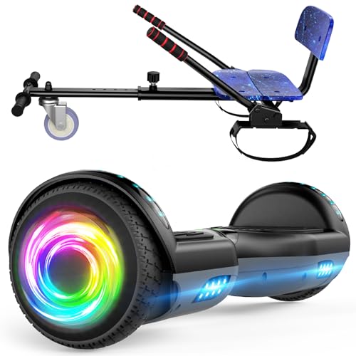 SISIAGD Hoverboards with Seat Hoverboards Hoverkart Hoverbaords Go-Kart with Bluetooth Speaker LED Lights Gift for Children Blackgrey-Starblue
