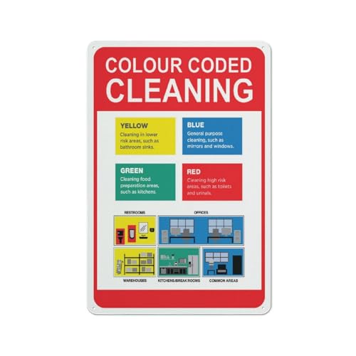 Colour Coded Cleaning Sign 6 X 8 Inches Metal Signs Aluminum Sign Pre-Drilled Holes For Easy Mounting Indoor Or Outdoor Use For Fence Door Or Gate