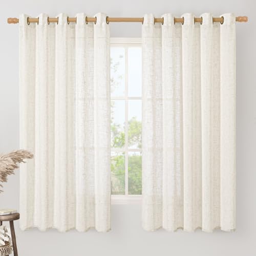 Image of LAMIT Linen Curtains 63 Inch Length for Living Room, Linen Light Filtering Boho Semi Sheer Window Textured Burlap Drapes with Bronze Grommet for Bedroom, 2 Panels Set, 60 x 63 Inch, Cream