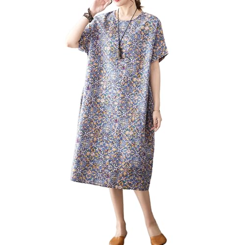 Image of LUZU JUNU Women's Summer Baggy Plus Size Loose Cotton Linen Long Boho Beach Dress with Pockets