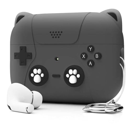 Image of Cute Cat Silicone Case Cover for Apple Airpods Pro 3 (2025), Game Console with Carabiner (Dark Grey, Cat)
