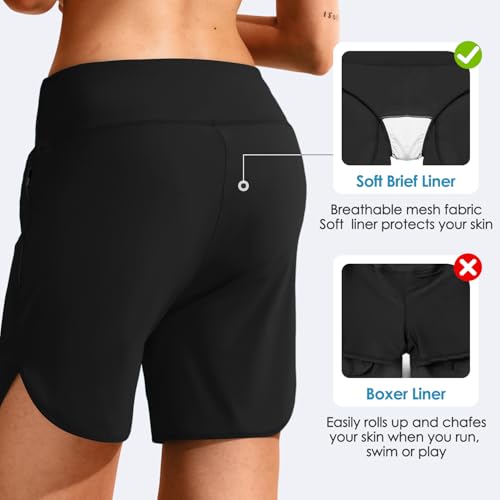 Women's 6" High Waisted Swim Board Short, Quick Dry Beach Swim Shorts with Mesh Brief Liner and Side Pockets3