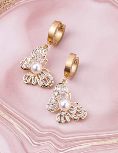 Image of Rubans 18K Gold-Plated Stainless Steel Tarnish-Free Waterproof Pearl Buttrfly Drop Earrings | Women & Girls - Wedding & Occasions - Ideal Gift for Loved Ones